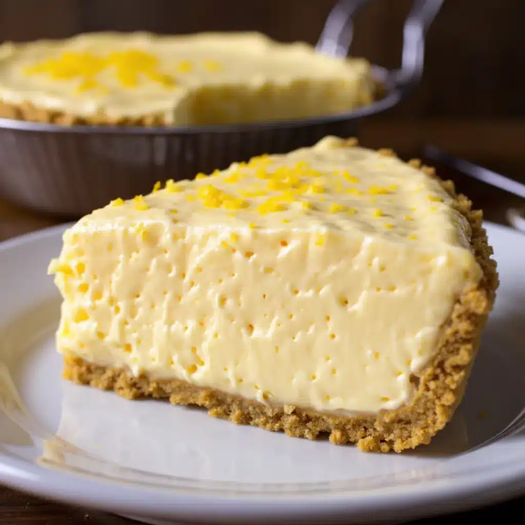 Cream Cheese Lemonade Pie (2) A creamy slice of Cream Cheese Lemonade Pie on a white plate, topped with lemon zest and surrounded by fresh lemon slices.