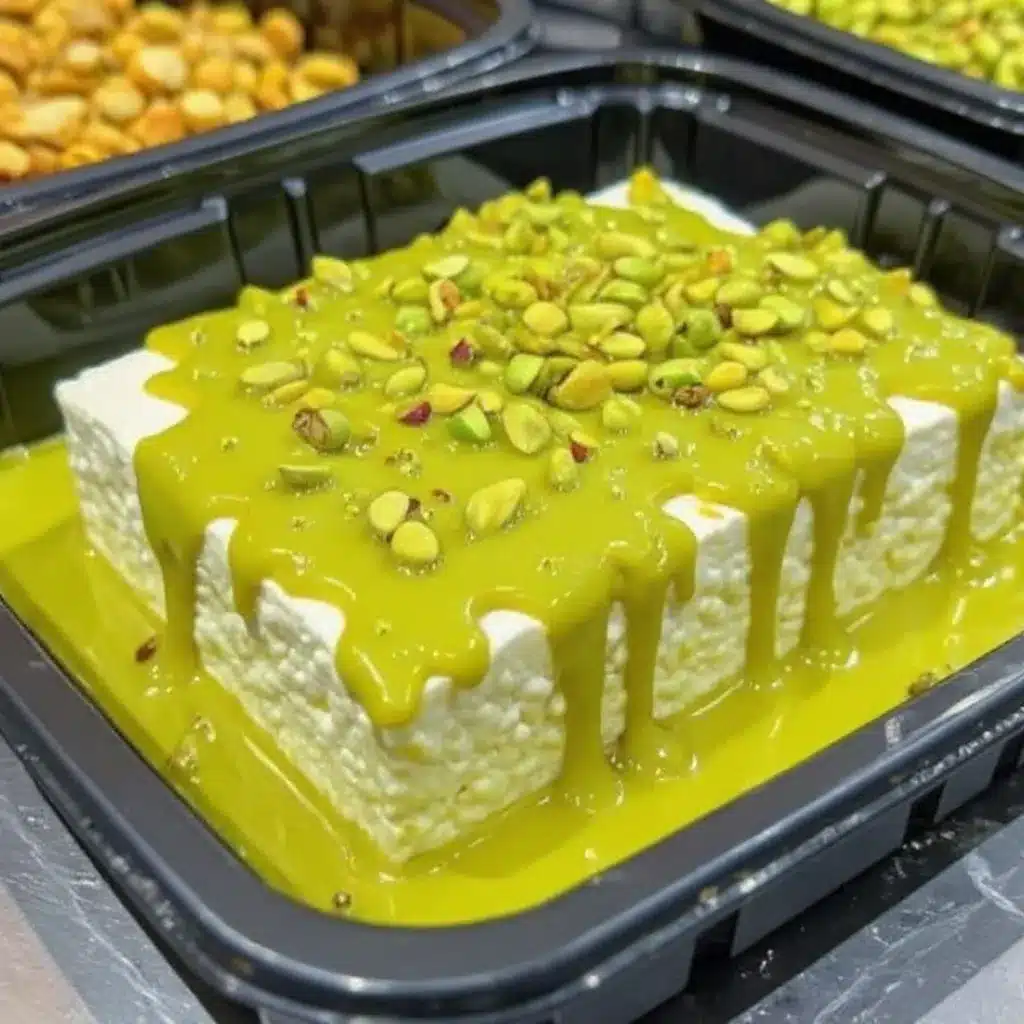 Pistachio Sauce (2) Pistachio sauce served on cake with fresh pistachios"