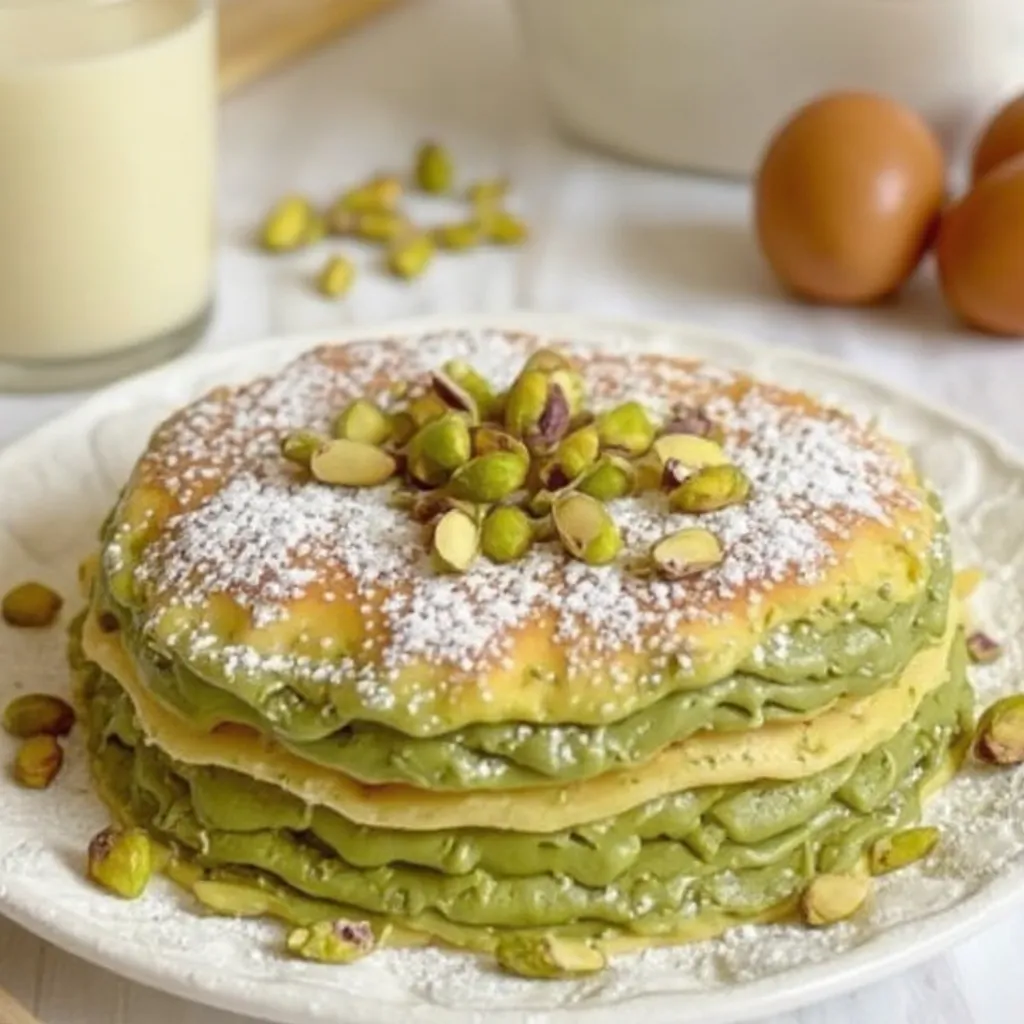 pistachio pancakes Pistachio pancakes served with syrup and fresh berries