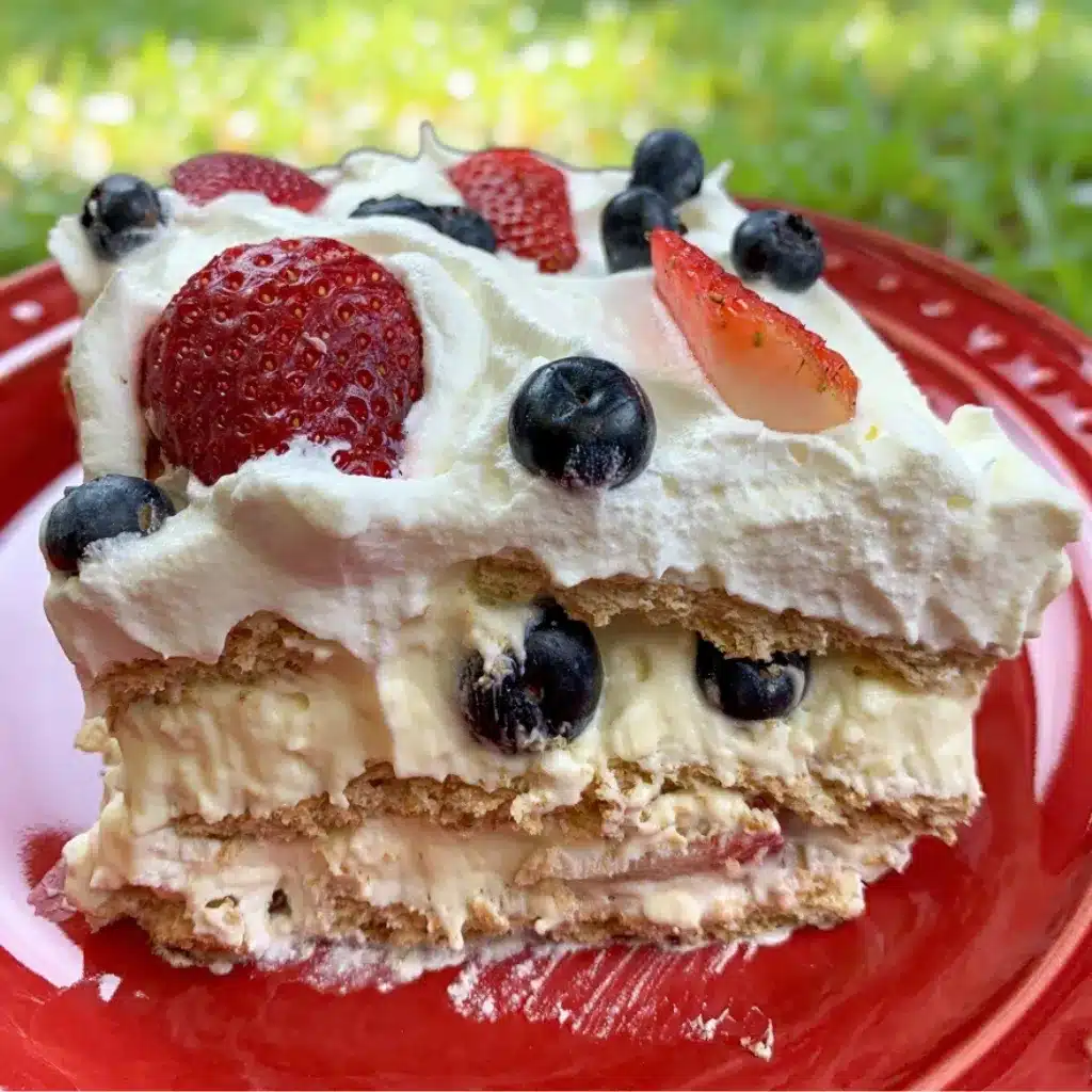 Blueberry and Strawberry Icebox Cake Recipe with fresh berries and graham crackers