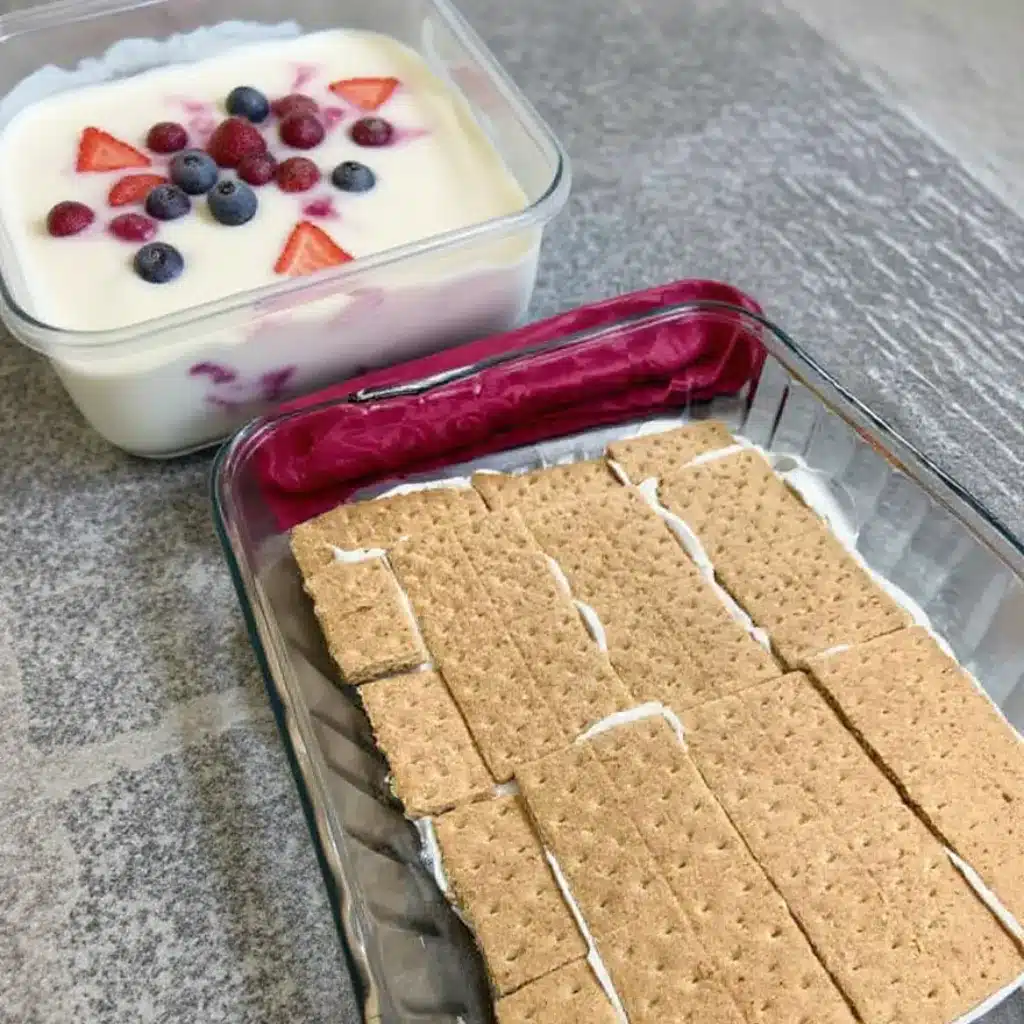 Layering graham crackers, cream, and fresh strawberries in the icebox cake