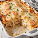 Seafood Lasagna with Shrimp & Crab on a wooden table